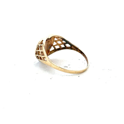 9ct yellow gold ring size N1/2 with a smooth band, unbranded jewelry, shown in a close-up image highlighting the polished finish.