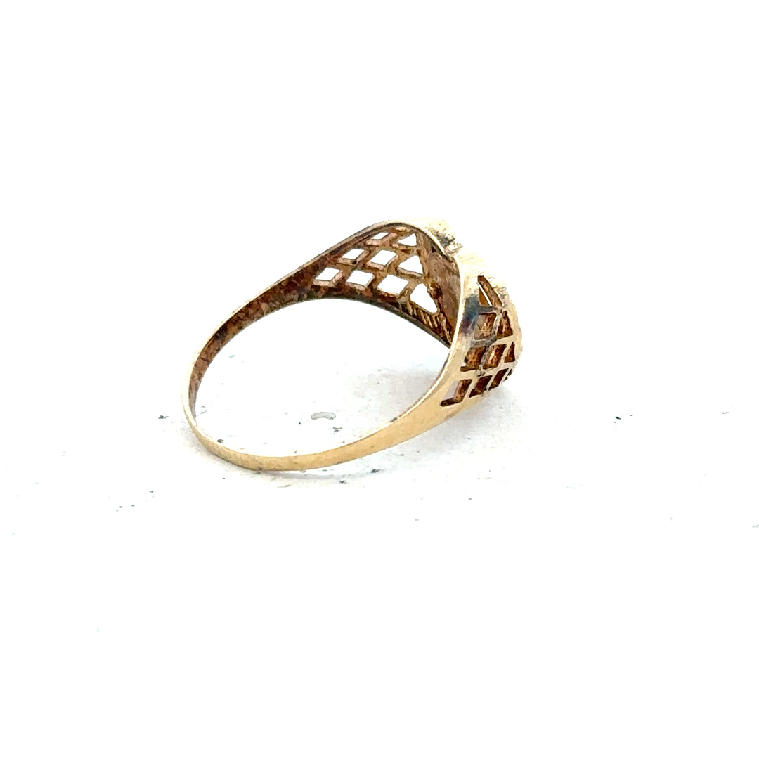 9ct yellow gold ring in size N1/2 with a smooth band, unbranded, shown from a side angle in the image.