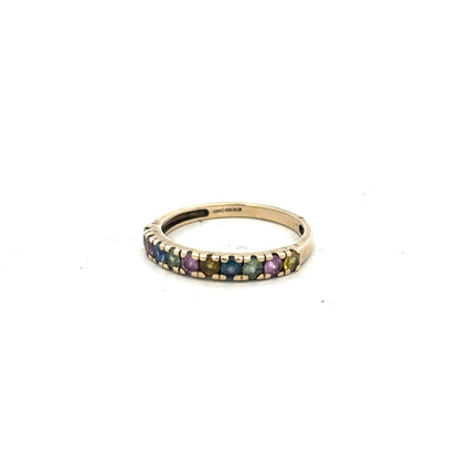 9ct yellow gold ring in size O, featuring a smooth band design, unbranded jewelry displayed on a plain background.