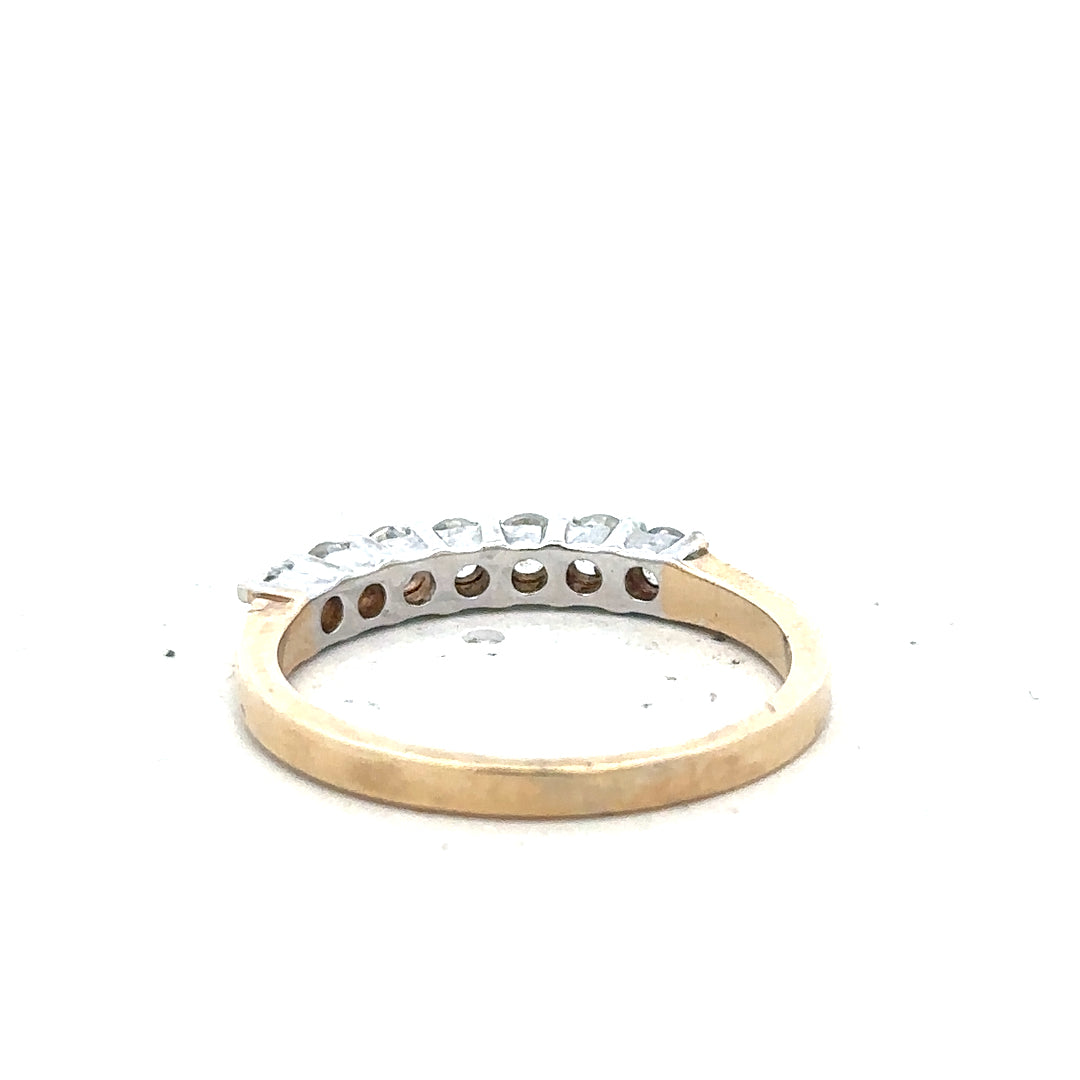 9ct yellow gold ring in size P with a smooth band, unbranded jewelry piece, shown from a side view.