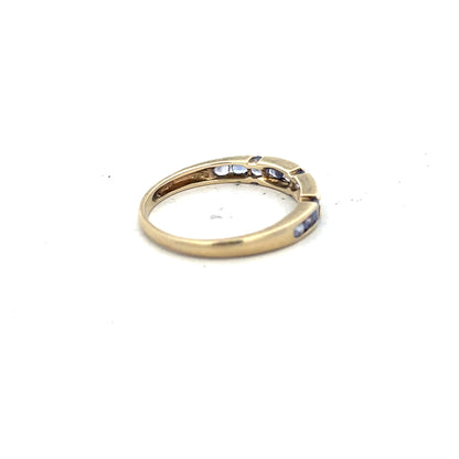 9ct yellow gold ring in size P with a simple band design, unbranded jewelry piece.