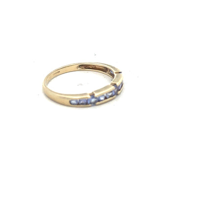 9ct yellow gold ring in size P with a simple, classic band design, unbranded, shown against a plain background