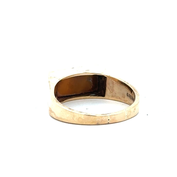 9ct yellow gold ring in size P1/2 with a smooth polished band, unbranded, shown from a side view.