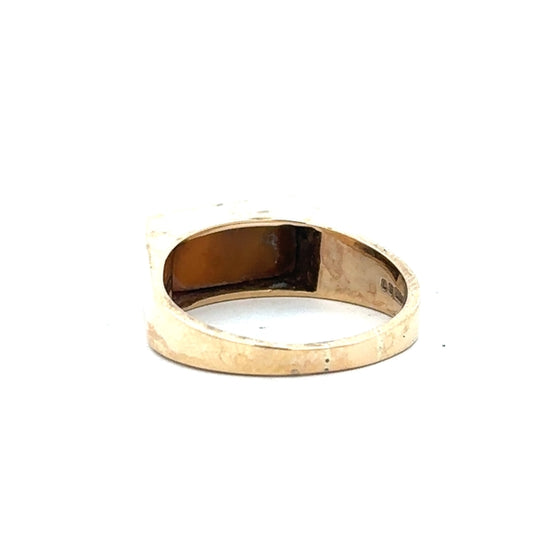 9ct yellow gold ring in size P1/2 with a smooth polished band, unbranded, shown from a side view.