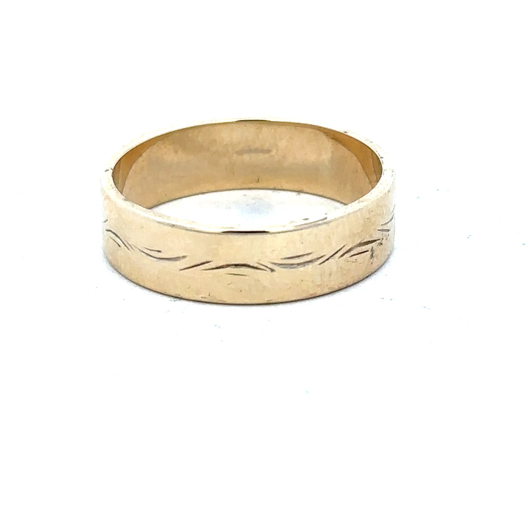 9ct yellow gold ring in size S with a simple band design, unbranded, shown on a plain background.