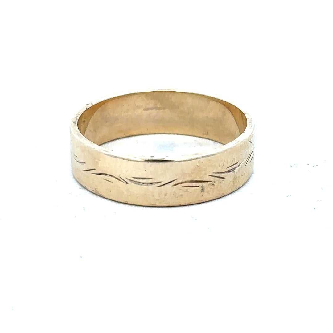 9ct yellow gold ring size S, unbranded, featuring a smooth polished finish and classic design, shown in a close-up image.