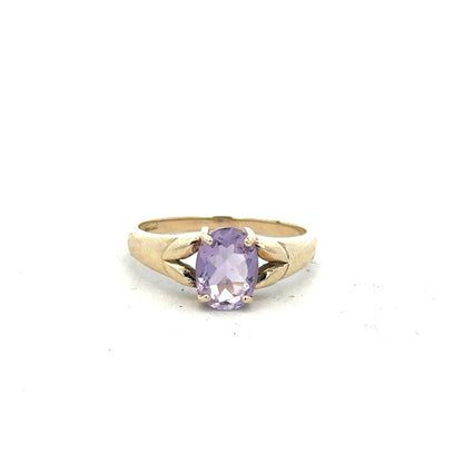 9ct yellow gold ring in size S with a smooth band, unbranded jewelry piece displayed on a neutral background.