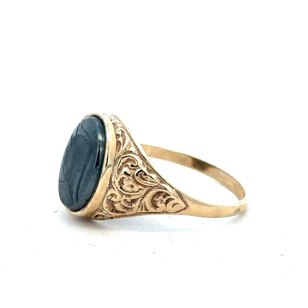 9ct yellow gold ring in size T with a smooth, polished band, unbranded jewelry, displayed on a neutral background.