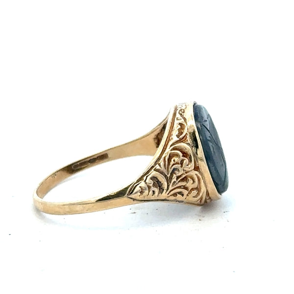 9ct yellow gold ring in size T with a smooth band, unbranded jewelry, shown on a plain background.