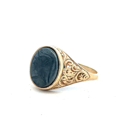 9ct yellow gold ring size T with a smooth band, unbranded jewelry piece shown on a neutral background.