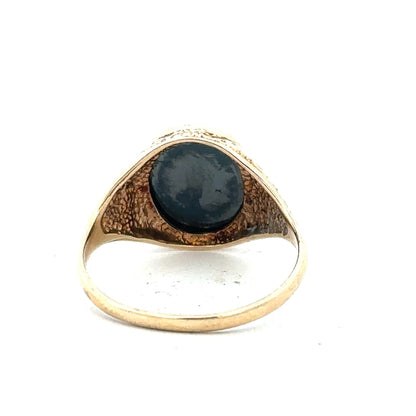 9ct yellow gold ring size T with a smooth band, unbranded jewelry accessory shown in the image.