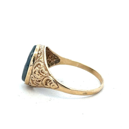 9ct yellow gold ring in size T with a smooth finish, unbranded, shown in a close-up image highlighting the band details.