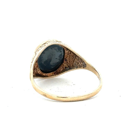 9ct yellow gold ring in size T with smooth band and polished finish, unbranded jewelry accessory.