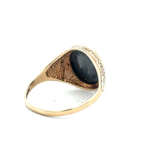 9ct yellow gold ring in size T with a smooth band, unbranded, displayed on a neutral background.
