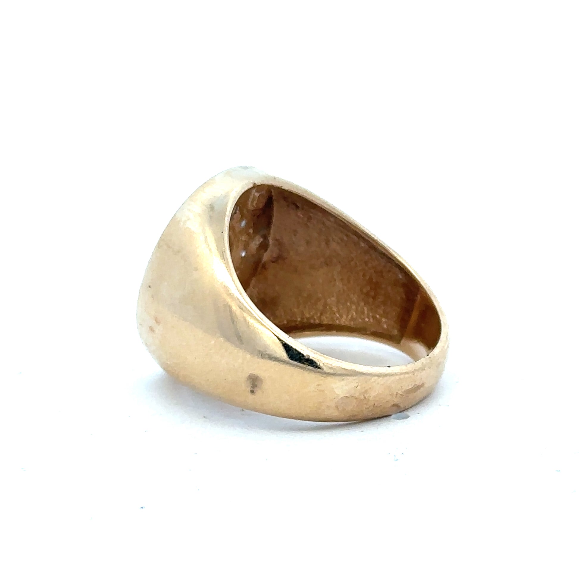 9ct yellow gold ring size U with a smooth band, unbranded jewelry piece displayed against a neutral background.