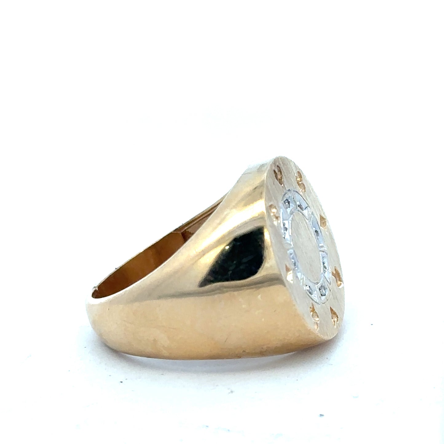 9ct yellow gold ring in size U displayed on a plain background, showcasing its smooth, polished surface and classic design.