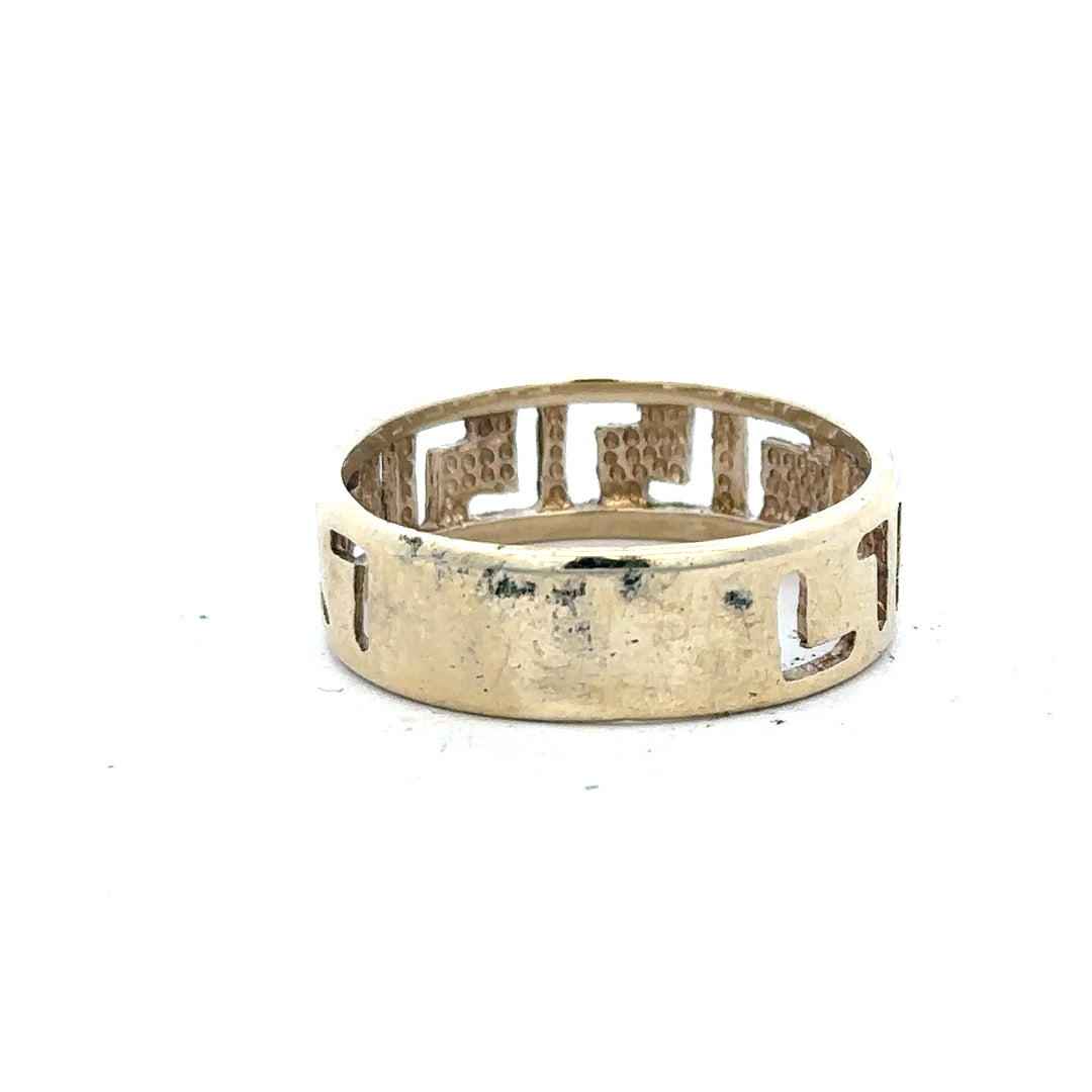 Yellow gold ring in size Z, unbranded 9ct gold jewelry, close-up view of the elegant band and smooth finish.