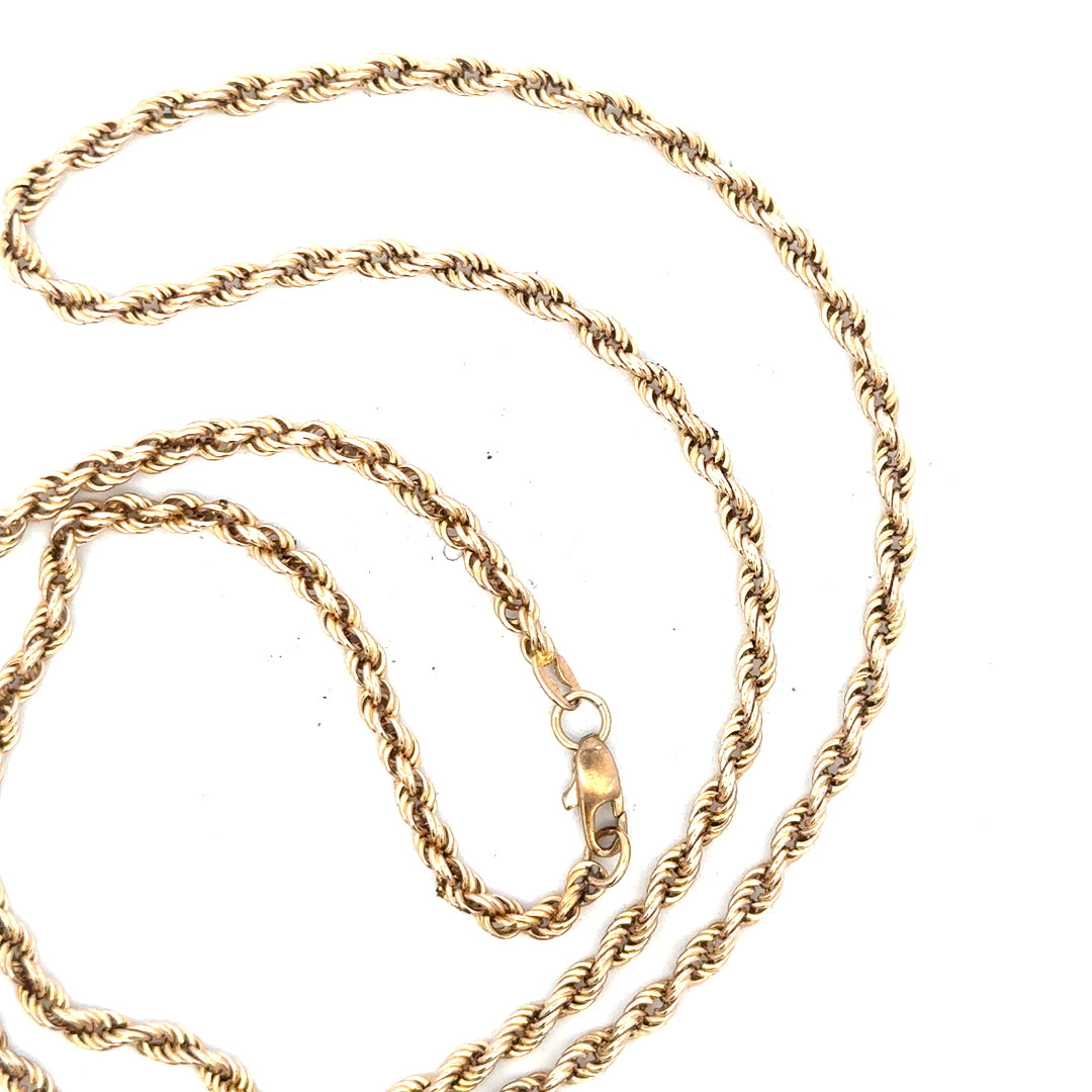 9ct yellow gold rope chain, unbranded, 16.5g, showcasing a detailed textured design and secure clasp on a plain background.