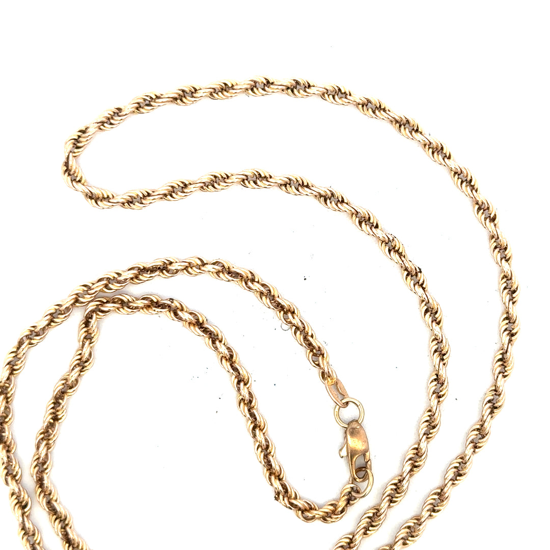 9ct yellow gold rope chain, unbranded, showing detailed twisted gold links, 16.5g weight, classic jewelry chain.