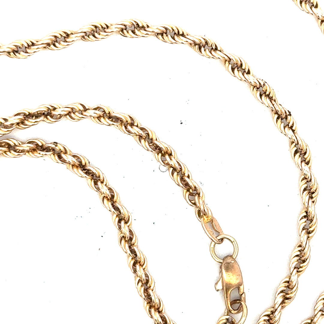 9ct yellow gold rope chain, unbranded, showing the detailed twisted link design and polished finish, weighs 16.5 grams.