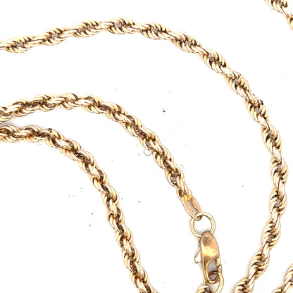 9ct yellow gold rope chain, unbranded, showing the detailed twisted link design and polished finish, weighs 16.5 grams.