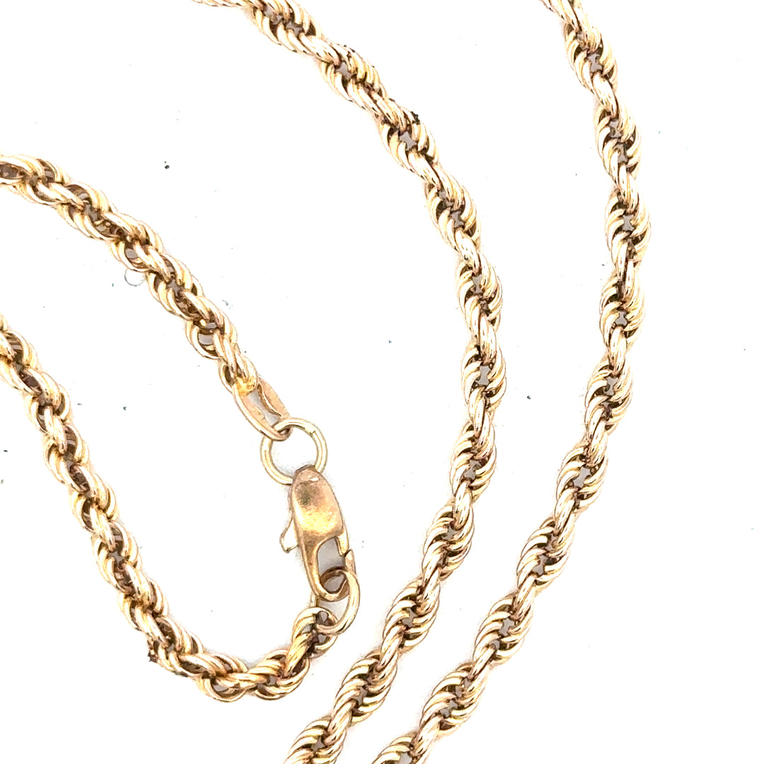 9ct yellow gold rope chain, unbranded, showing a detailed close-up of the textured twisted design and polished finish.