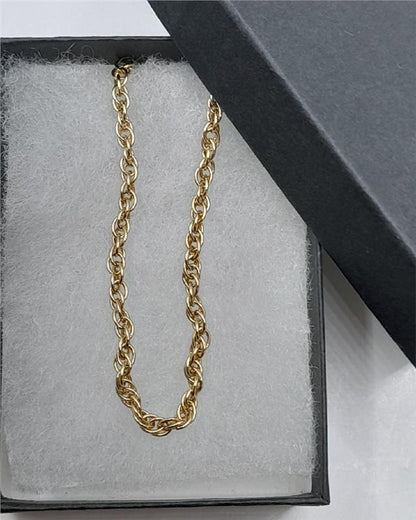 9ct yellow gold rope chain, 16-inch length, 9.4g, unbranded, with detailed link design and shiny finish.