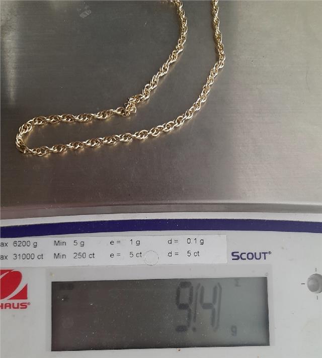 9ct yellow gold rope chain, 16-inch length, 9.4g, unbranded, showing the detailed twisted rope design and clasp.