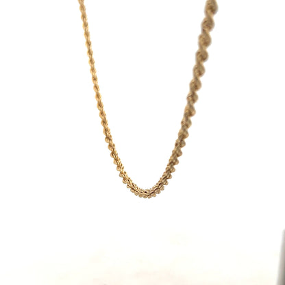 9ct yellow gold rope chain, unbranded, weighing 3.7g, featuring detailed twisted design and polished finish.