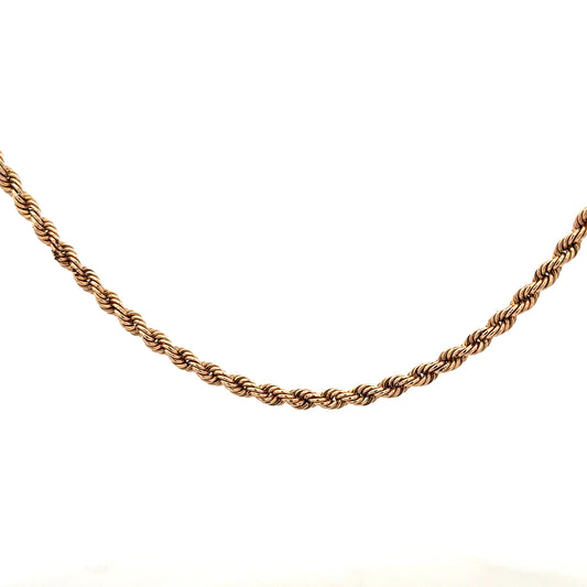 9ct yellow gold rope chain, unbranded, showcasing a detailed close-up of the elegant chain with a smooth, twisted design.