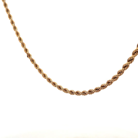 9ct yellow gold rope chain, unbranded, 5.5g, showing the detailed twisted design and polished finish of the jewelry.