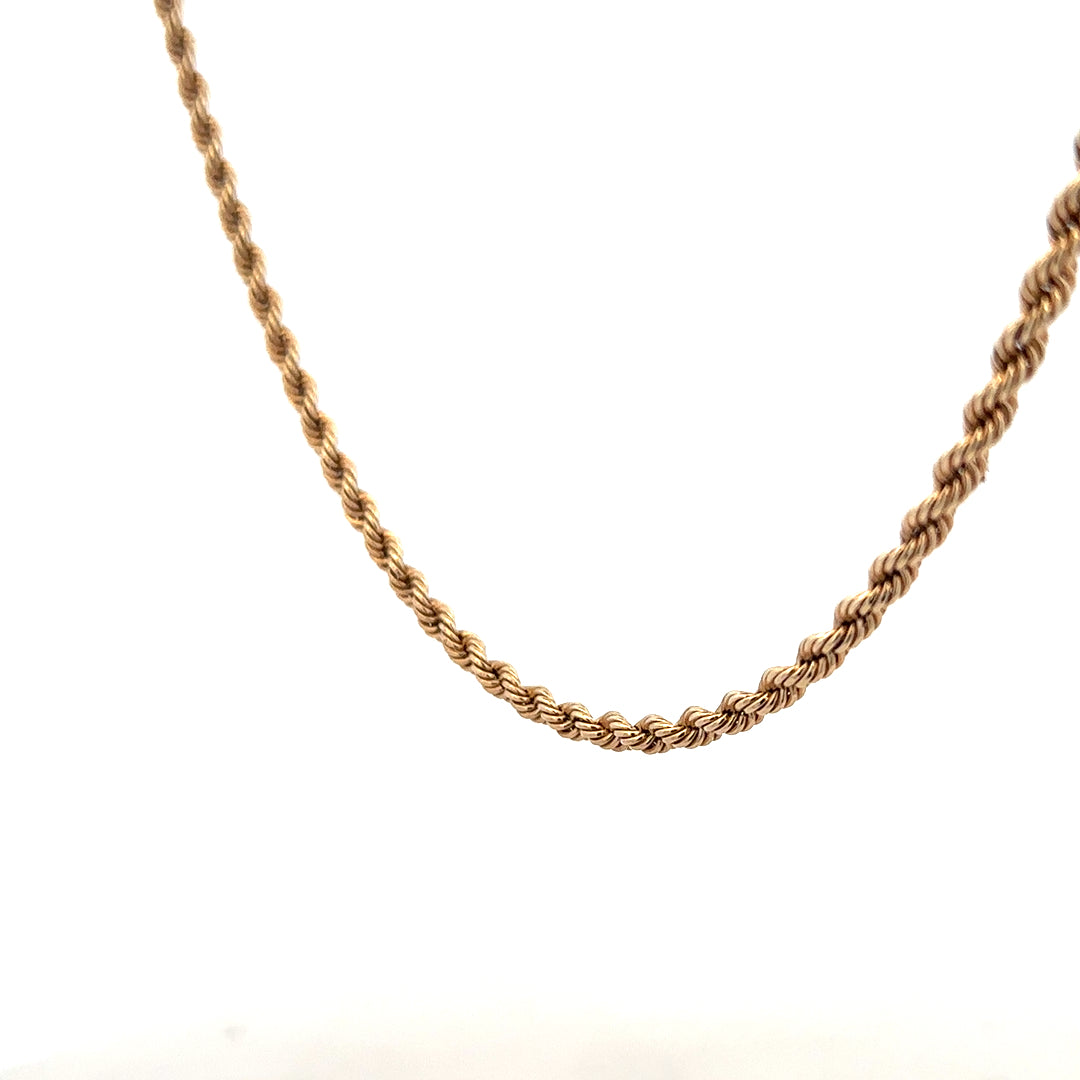 9ct yellow gold rope chain, unbranded, 5.5g, close-up of the textured gold chain with detailed links on a white background.