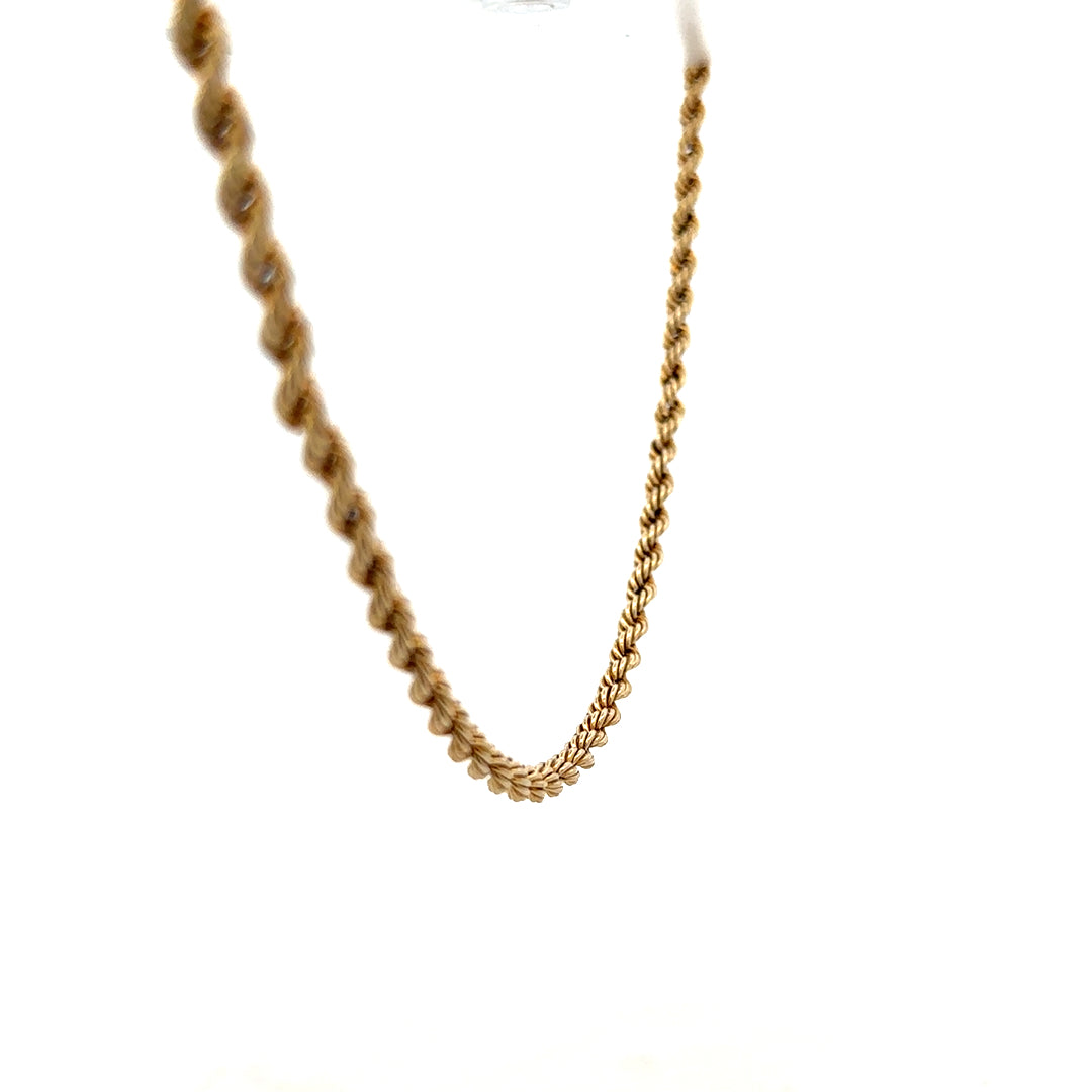 9ct yellow gold rope chain, unbranded, 7.2g, close-up view showing the twisted rope design and polished finish.