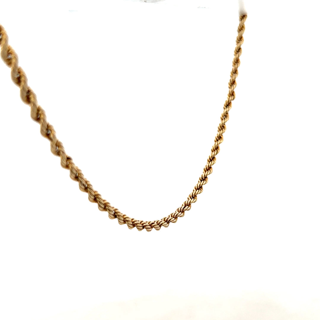9ct yellow gold rope chain, unbranded, 7.2g, close-up showing twisted gold design and polished finish.