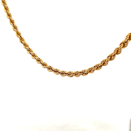 9ct yellow gold rope chain weighing 9.4g, showcasing a detailed twisted design and secure clasp.