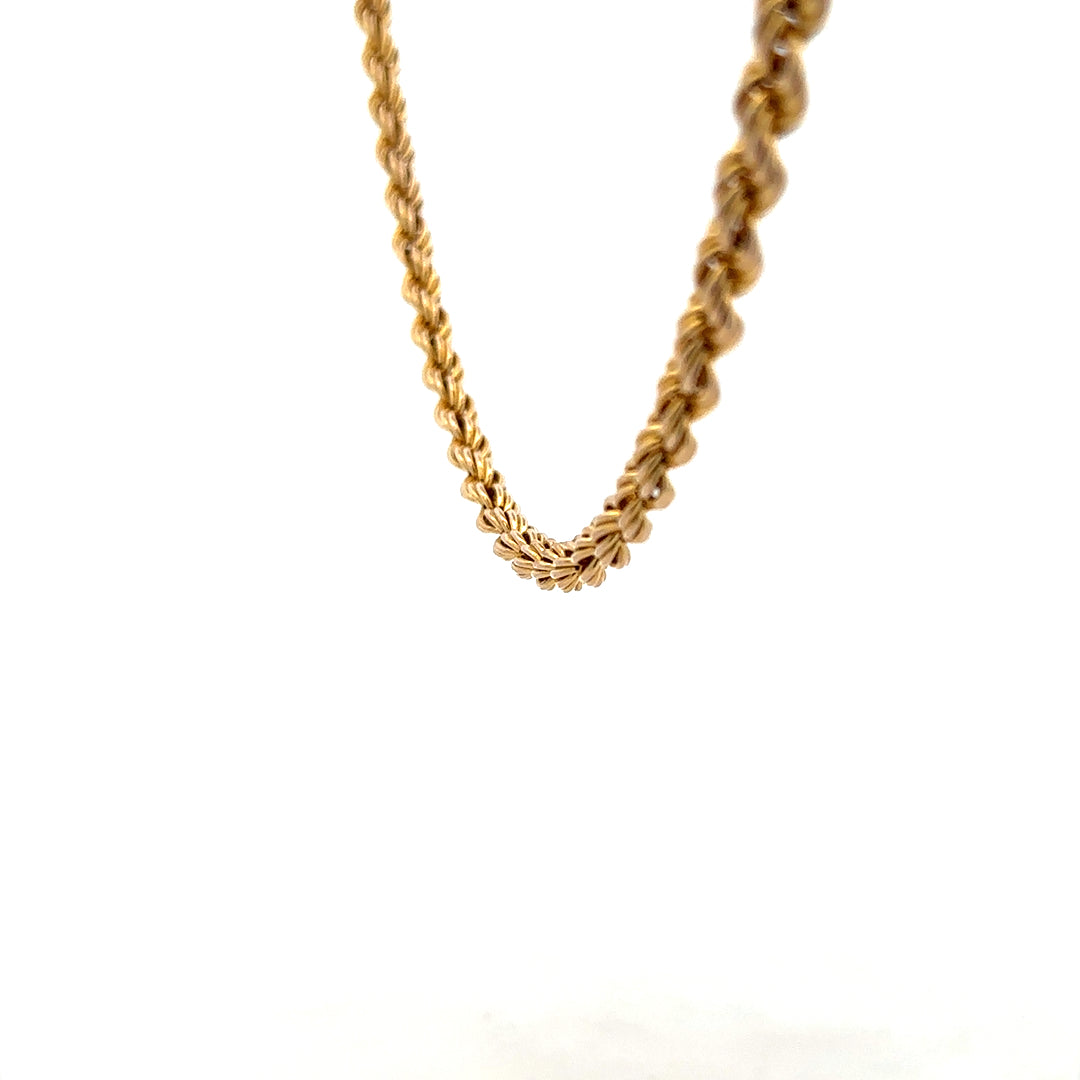 9ct yellow gold rope chain weighing 9.4g, showcasing a detailed twisted design with a secure clasp.