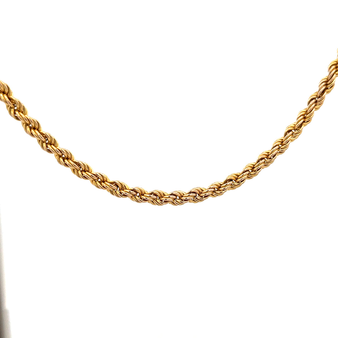 9ct yellow gold rope chain weighing 9.4g, unbranded jewelry chain with intricate twisted design and secure clasp.