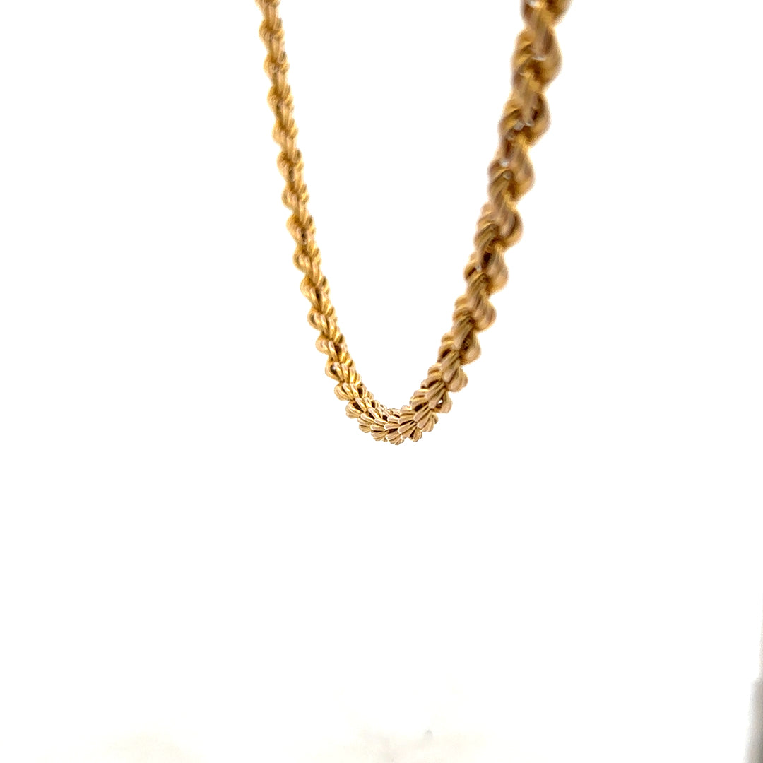 9ct yellow gold rope chain weighing 9.4g, featuring a twisted design and secure clasp, unbranded jewelry accessory.