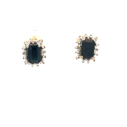 9ct yellow gold sapphire and diamond earrings with a delicate design, showcasing vibrant blue sapphires and sparkling diamonds.