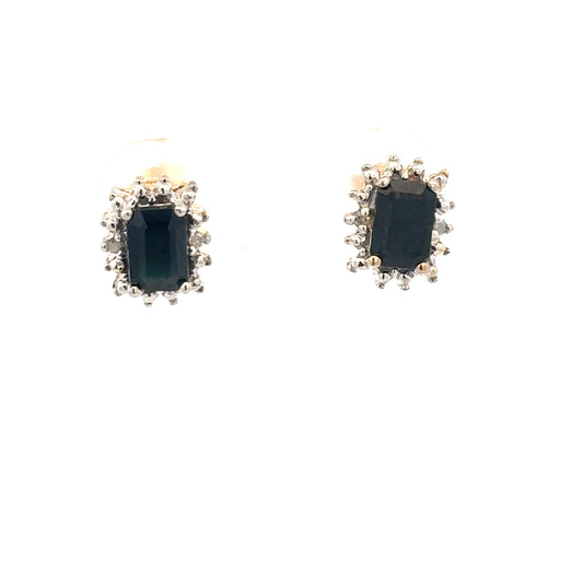 9ct yellow gold sapphire and diamond earrings with a delicate design, showcasing vibrant blue sapphires and sparkling diamonds.