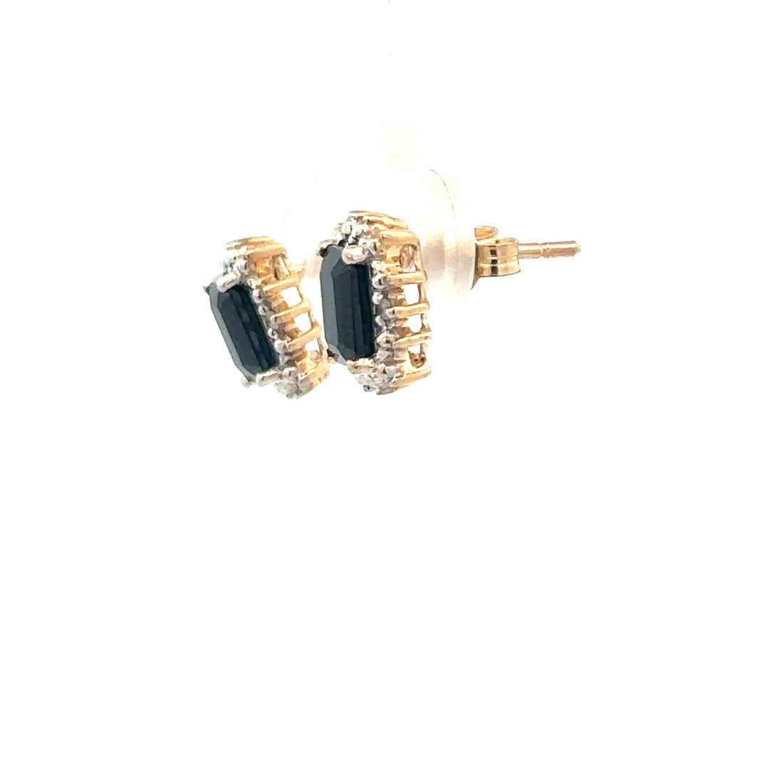 9ct yellow gold sapphire and diamond earrings with a delicate design, weighing 1.9g, showcasing elegant gemstone accents.