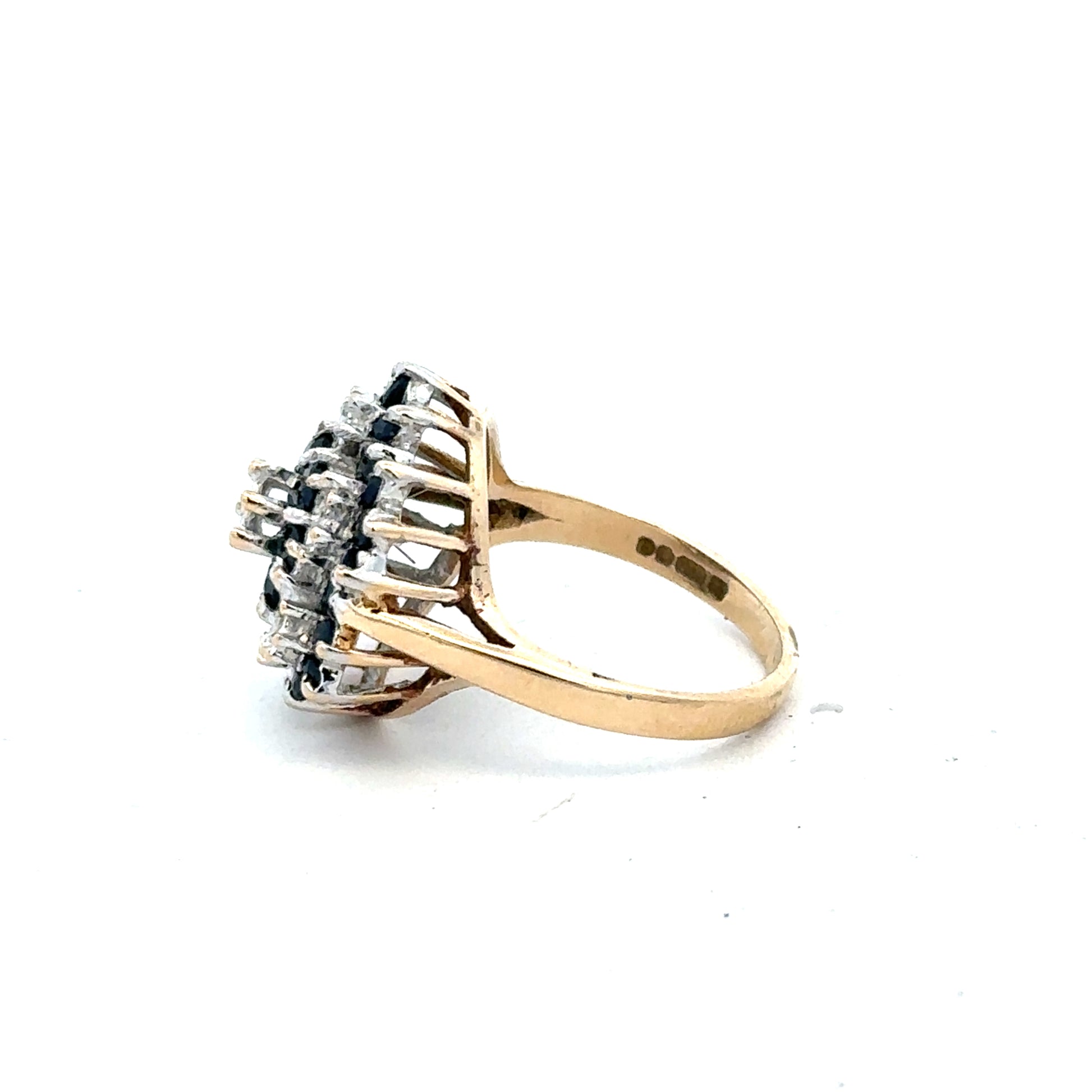 9ct yellow gold sapphire and diamond ring, size K, featuring a central sapphire with diamond accents, unbranded jewelry.