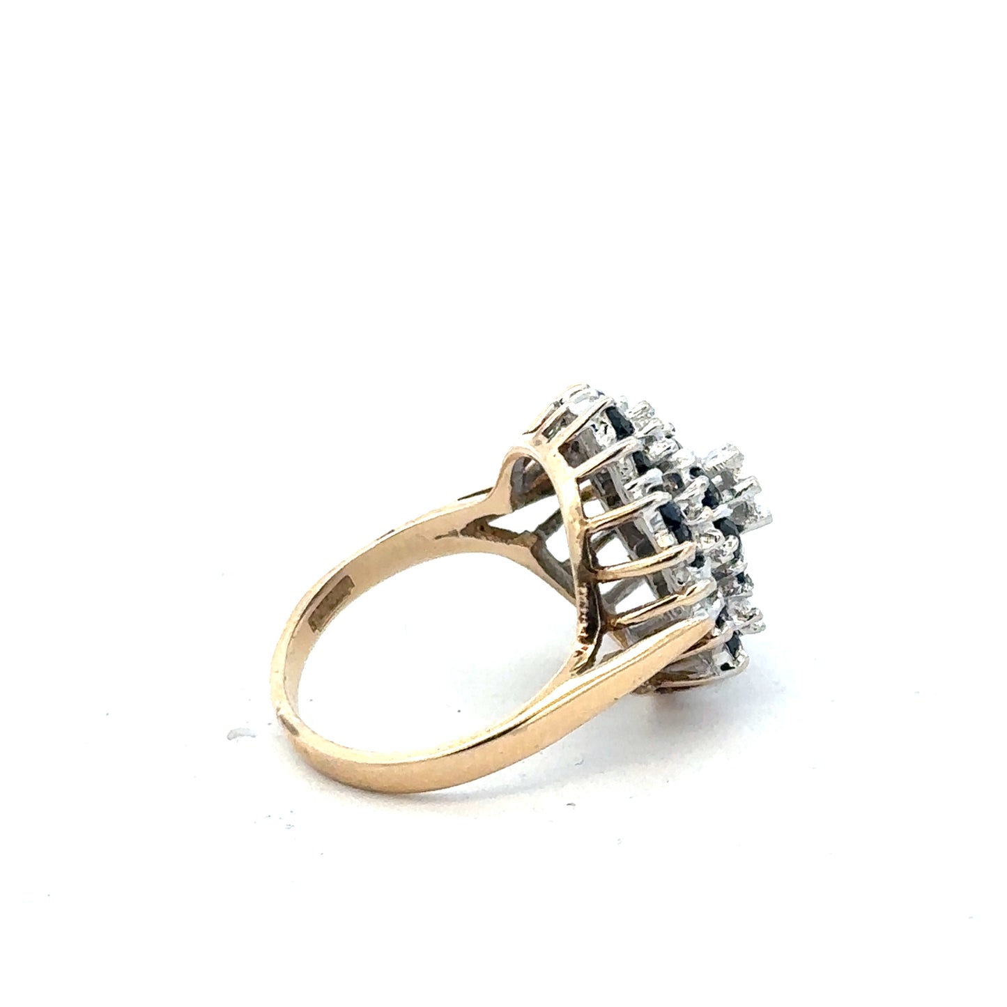 9ct yellow gold sapphire and diamond ring, size K, with a detailed band design, unbranded jewelry accessory.
