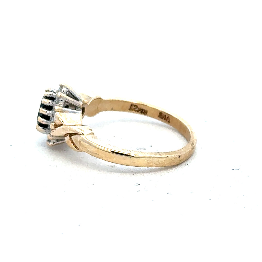 9ct yellow gold sapphire and diamond ring, size K1/2, featuring a detailed design with sparkling gemstones.