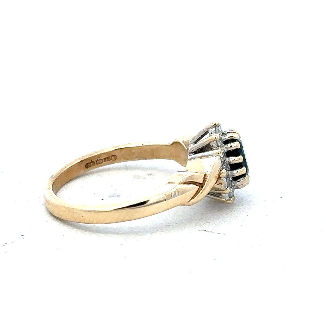 9ct yellow gold sapphire and diamond ring, size K1/2, with intricate design and sparkling gemstones, unbranded jewelry piece.
