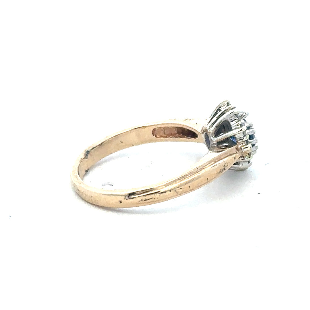9ct yellow gold sapphire and diamond ring, size L 1/2, featuring a vibrant sapphire centerpiece and sparkling diamonds.
