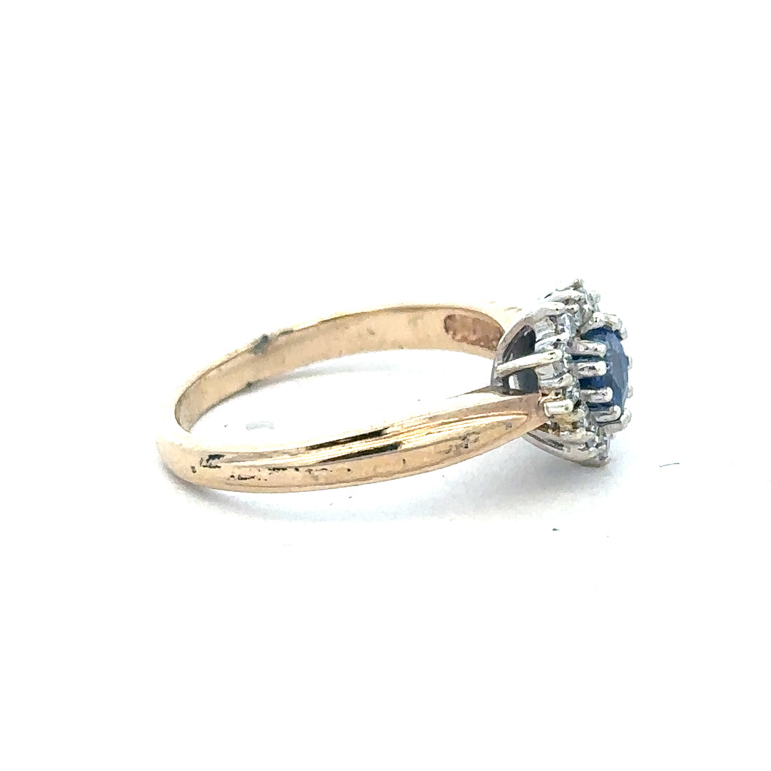9ct yellow gold sapphire and diamond ring, size L1/2, featuring a classic band with vibrant blue sapphire and sparkling diamonds.