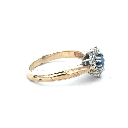 9ct yellow gold sapphire and diamond ring, size L1/2, featuring a classic band with vibrant blue sapphire and sparkling diamonds.