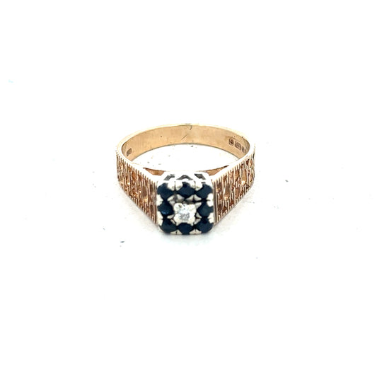 9ct yellow gold sapphire and diamond ring, size N1/2, featuring a sparkling sapphire centerpiece with diamond accents.