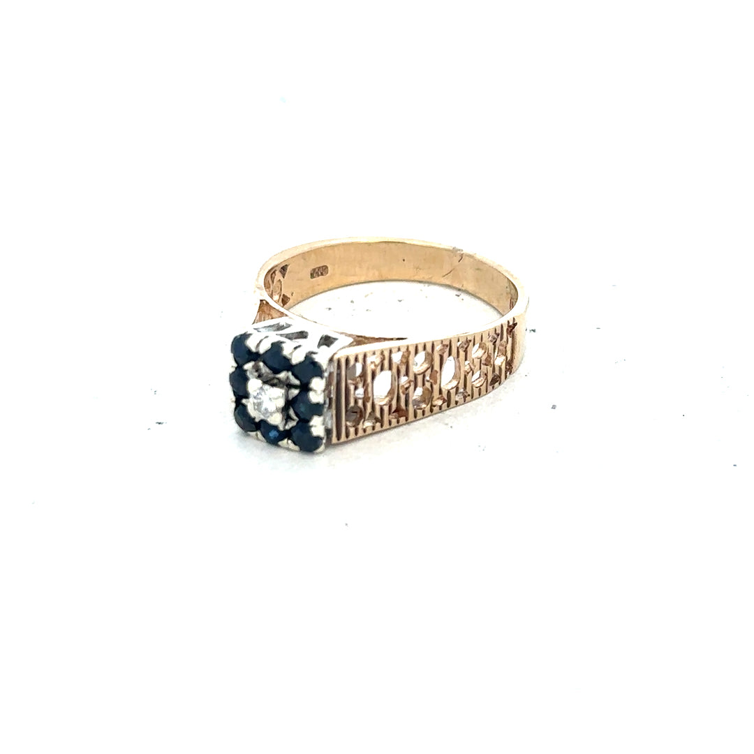 9ct yellow gold sapphire and diamond ring, size N1/2, featuring a polished band with a central sapphire and accent diamonds.